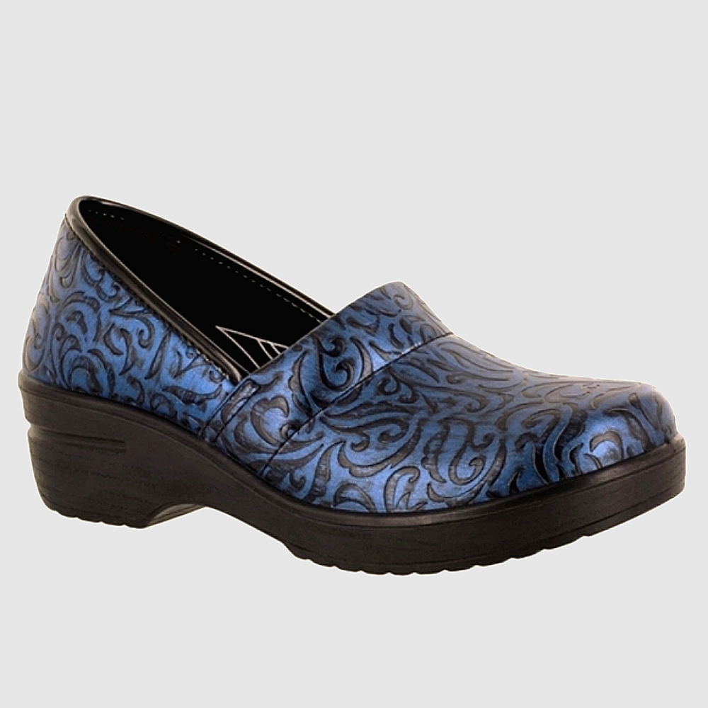 Easy Works by Easy Street Blue/Black Tooled Slip On Comfort Clogs 10M